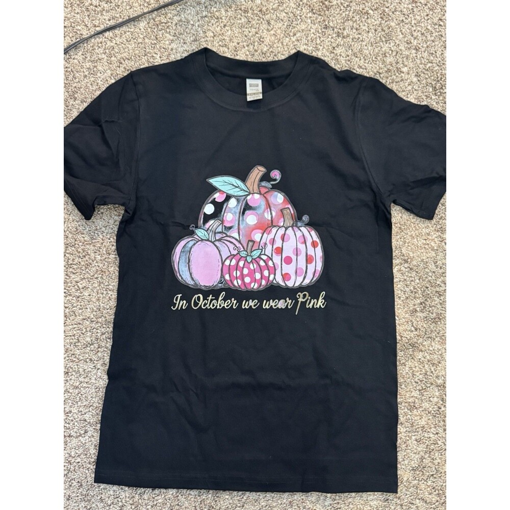 Gildan Black Pink Pumpkin Graphic Print Crew Neck T-Shirt Women's Short Sleeve